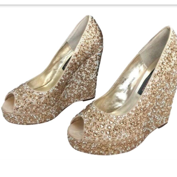 Tony Bowls Prom Formal Pageant Bridal Wedding Shoes Heels Size 7 Gold Bling - Picture 10 of 10